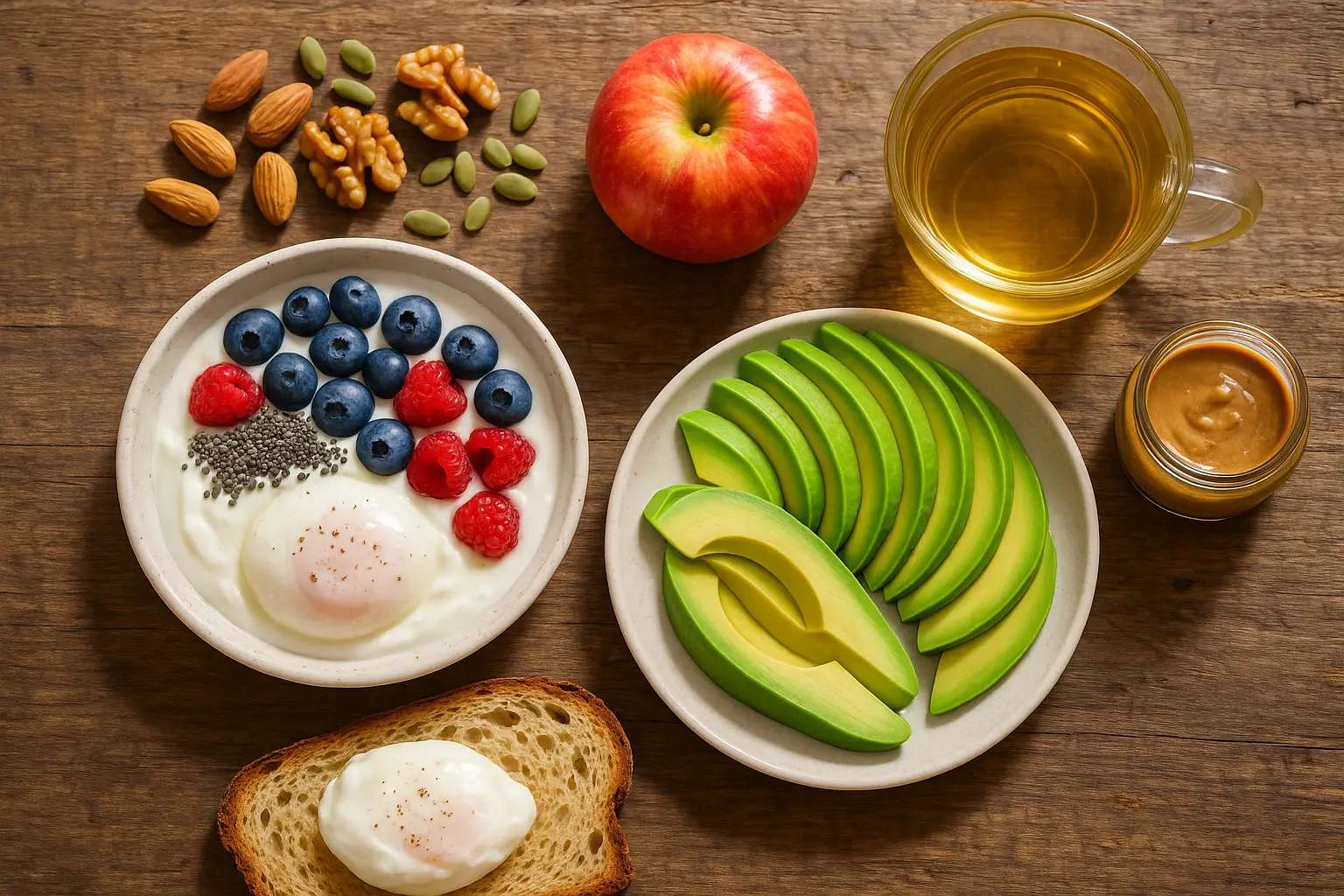 Illustration d'un petit déjeuner équilibré avec avocat, œufs et fruits
