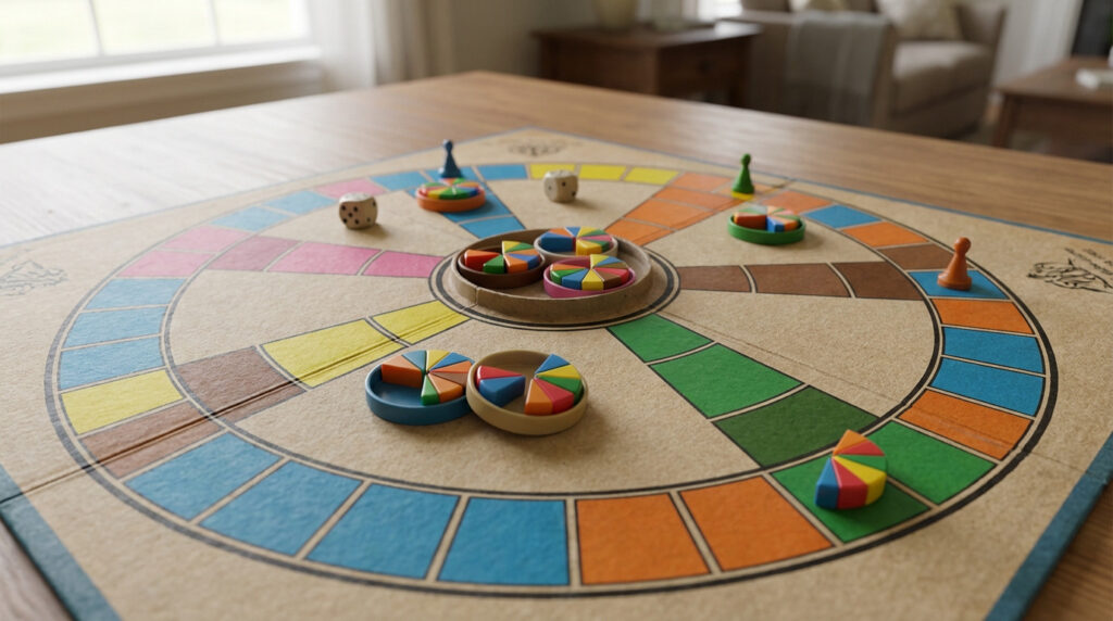 Photorealistic image of a classic general knowledge board game. Features a circular track with colorful squares, pie-shaped wedges, and dice.