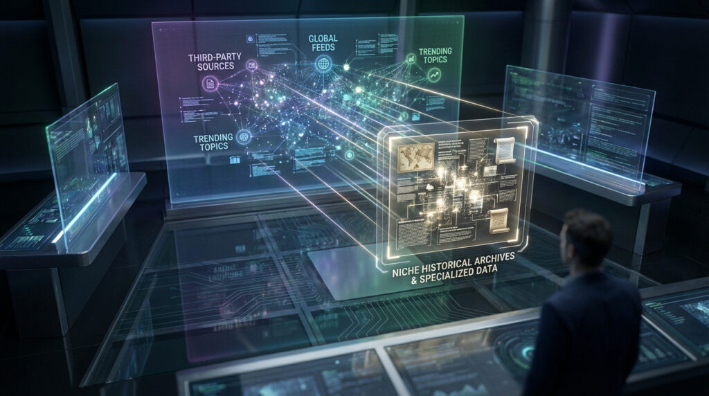 A person views a holographic interface displaying a complex network of aggregated data, emphasizing niche historical archives.