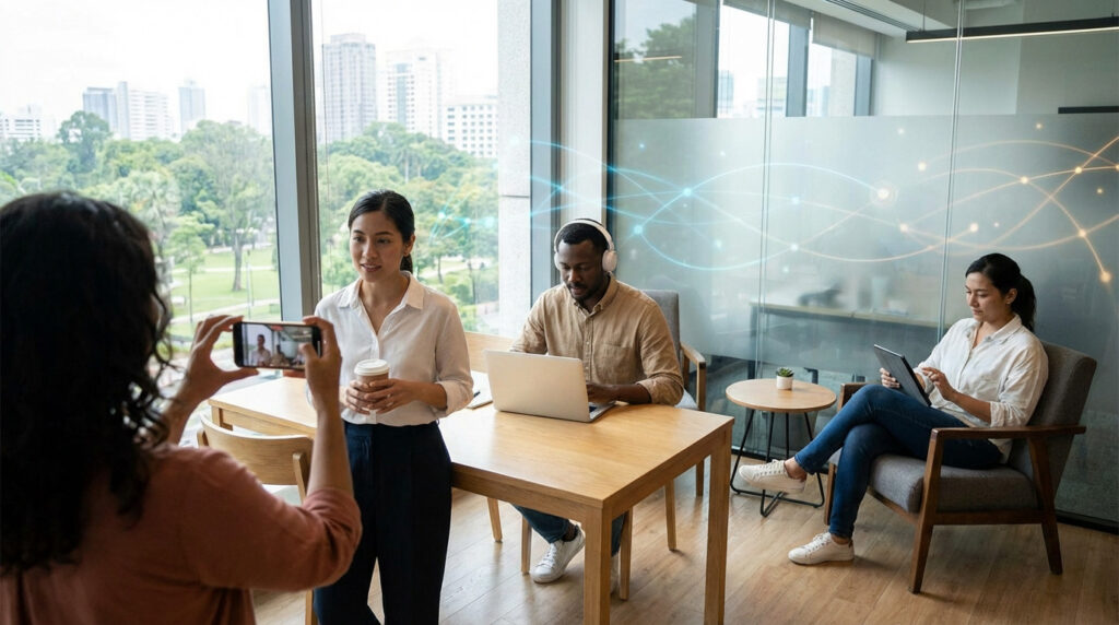 Diverse individuals use smartphones, laptops, and tablets in a modern office with digital network overlays.