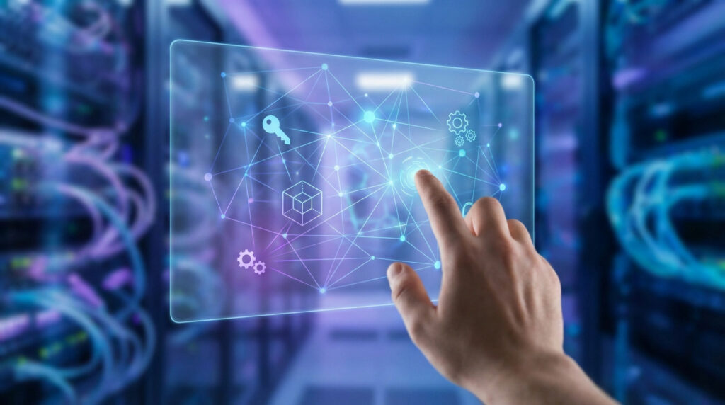 A hand touches a holographic screen displaying a glowing data network with key, category, and gear icons in a blue-lit, high-tech data center.