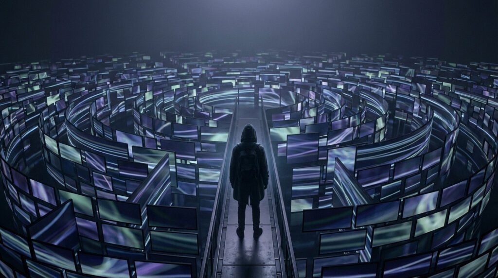 Lone figure from behind, in a vast digital labyrinth of glowing screens displaying abstract patterns. Evokes digital confinement.