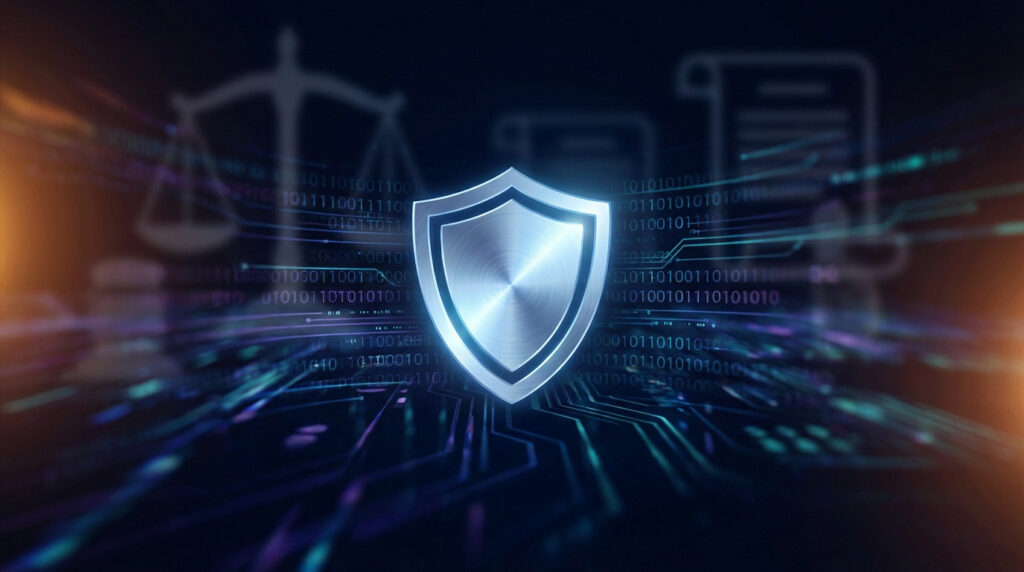 A glowing blue digital shield protecting data, surrounded by flowing binary code, with blurred legal symbols and a subtle amber warning.