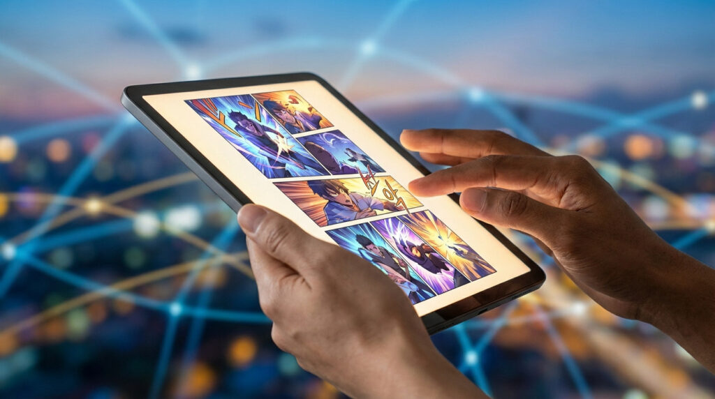 Two hands (one lighter, one darker) hold a tablet displaying colorful manga panels, illuminated by the screen's glow, against a blurred digital network background.