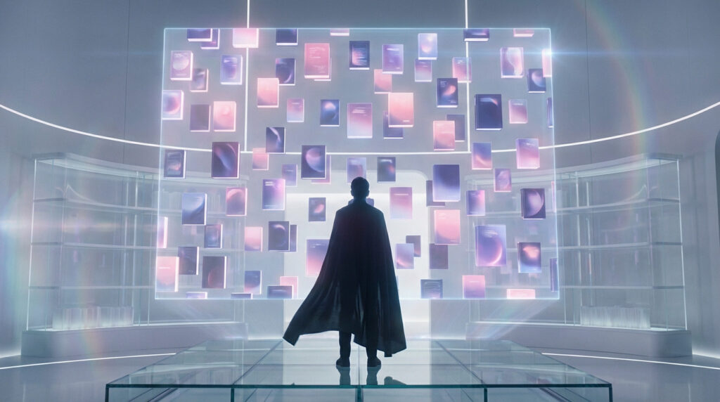 Silhouette in futuristic library viewing a large holographic display of glowing abstract digital books in pink, blue, and purple hues.
