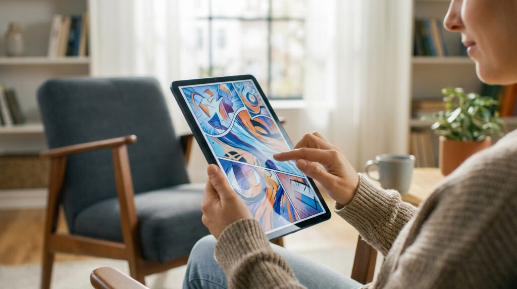 Anonymous individual reading vibrant, abstract manga panels on a tablet in a bright, modern interior. Hands interact with the screen.