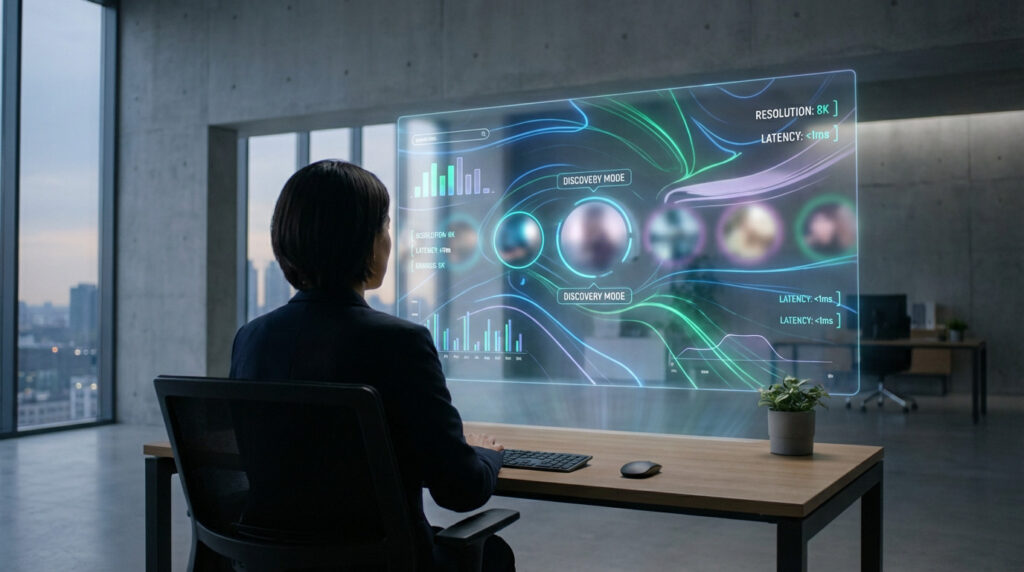A person in a modern office intently views a large, transparent holographic display showing vibrant data and metrics.
