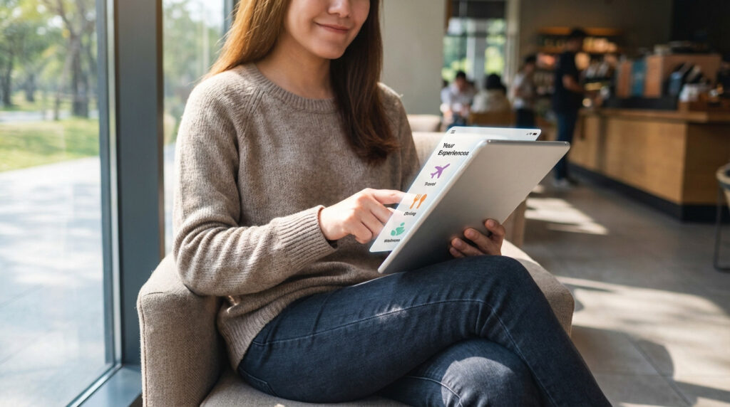 Content woman in a cafe uses a tablet displaying a UI for managing diverse gift experiences: travel, dining, wellness.