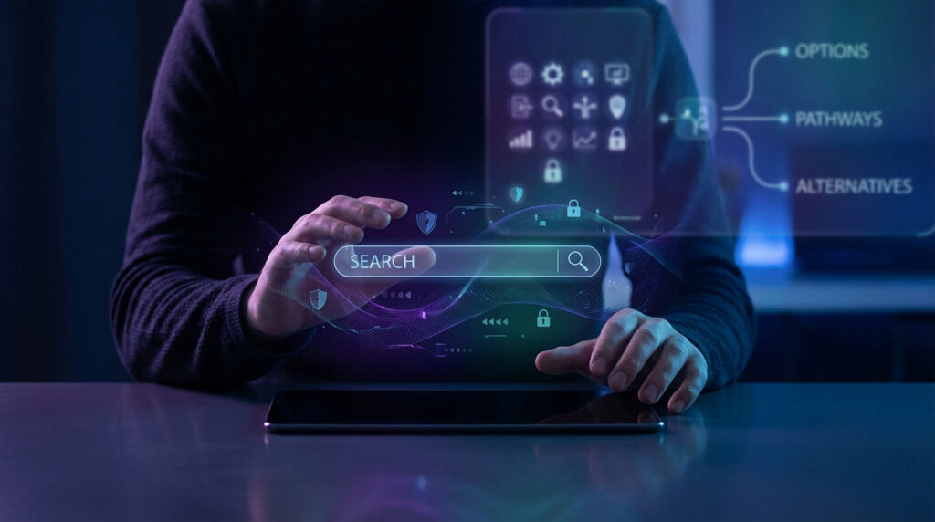 Anonymous hands interact with a glowing holographic search bar, surrounded by abstract data, security shields, and digital choices.