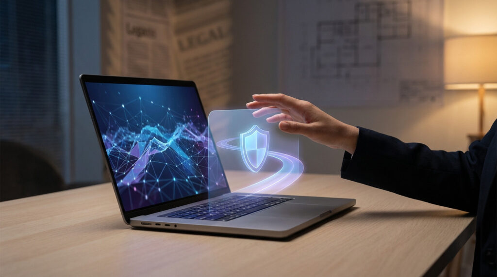 A hand interacts with a holographic shield and pathway emerging from a laptop screen displaying a data network, symbolizing digital security and guidance.