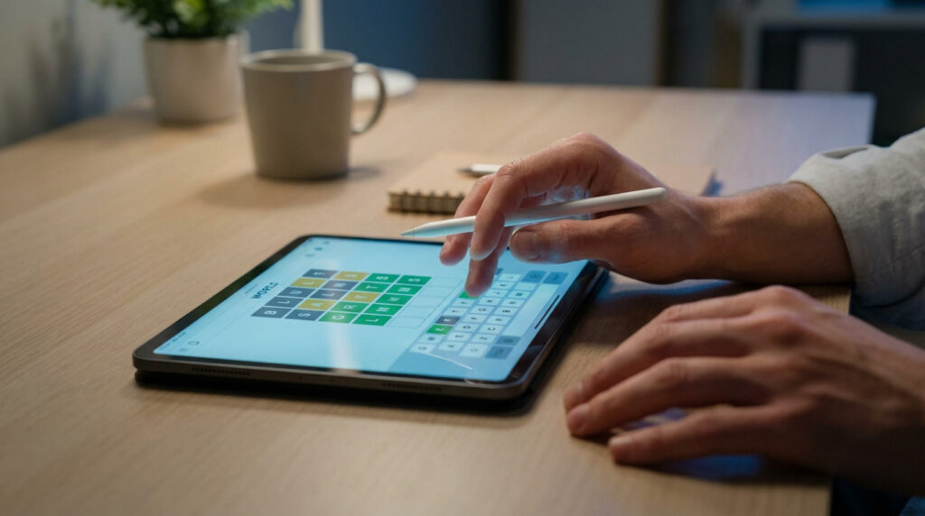 Hands playing a Wordle-like game on a tablet. One hand holds a stylus over the digital keyboard, showing green/yellow letters.