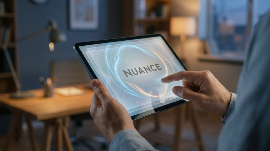 Hands interact with a tablet displaying 'NUANCE' surrounded by glowing lines in a warm, blurred workspace, symbolizing discovery.