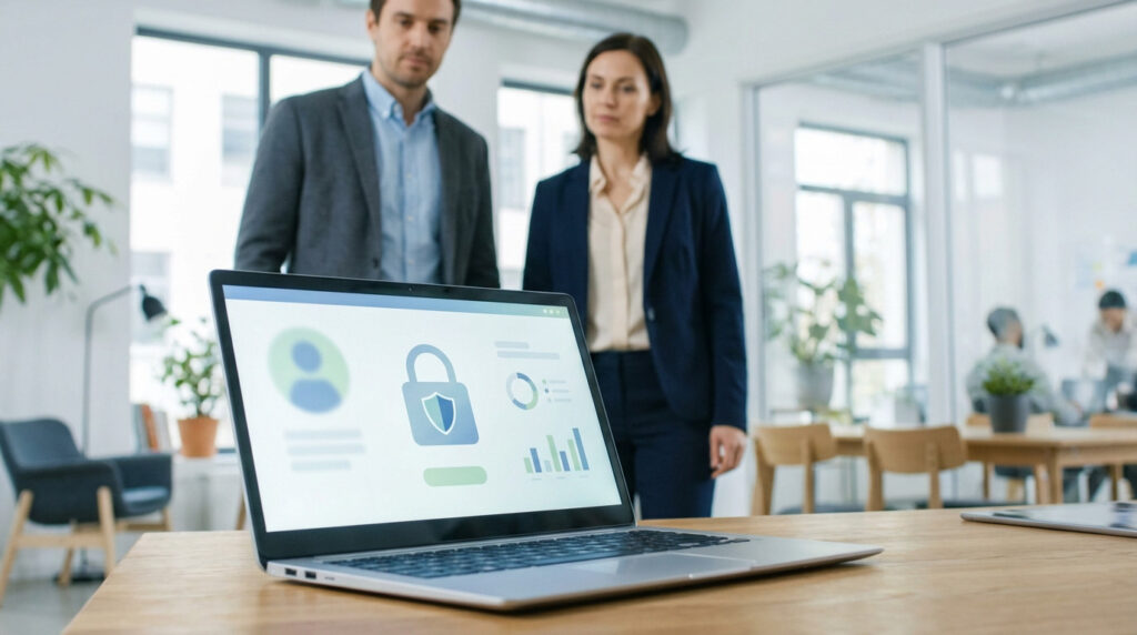 Laptop with secure UI (padlock, graphs, avatar) on a desk, observed by two professionals in a bright, modern co-working space.