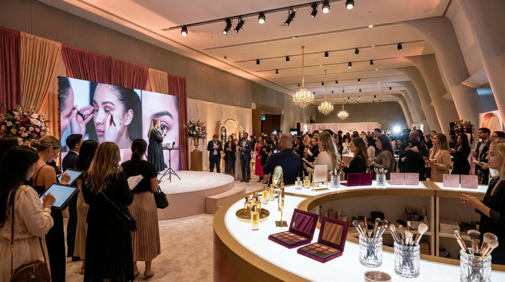 Vue d'ensemble d'un événement beauté SEPHORiA : masterclass maquillage sur grand écran, public attentif et présentoirs de produits.