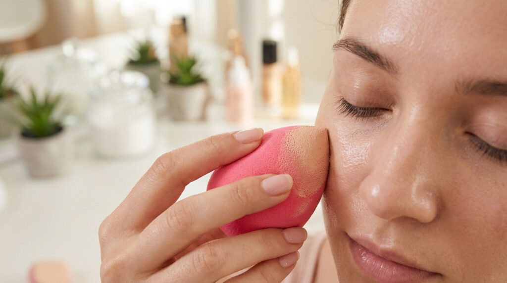 Une personne applique du fond de teint avec une éponge beauty blender rose sur sa joue pour un teint unifié.