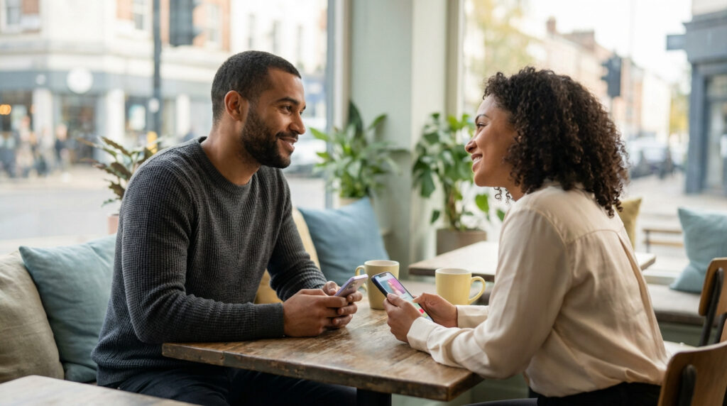 Un homme et une femme souriants face à face dans un café, tenant leurs smartphones, après s'être rencontrés en ligne.