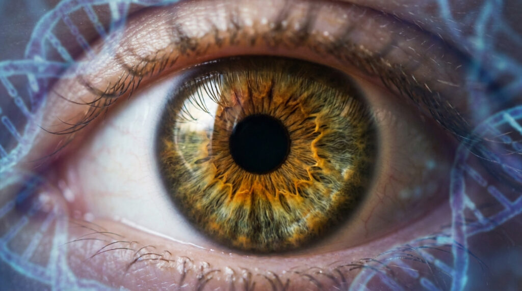 Gros plan sur un œil humain à l'iris vert et ambre, entrelacé de brins d'ADN lumineux. Représente la génétique des couleurs.