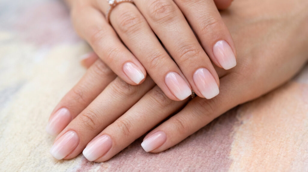 Gros plan sur deux mains manucurées. Les ongles arborent un dégradé baby boomer parfait, passant du rose naturel au blanc laiteux.