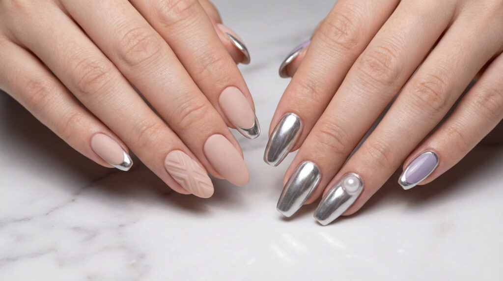 Deux mains avec des manucures stylées: ongles nude mat, argent chrome brillant, lilas et une perle sur un fond marbre.