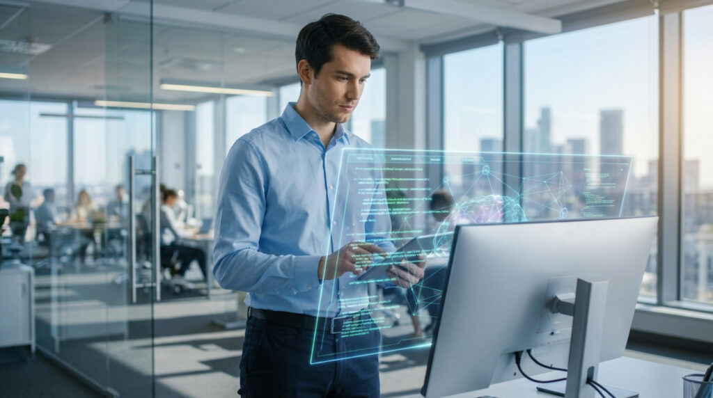 Homme en chemise bleue utilisant une interface holographique futuriste affichant code et données dans un bureau moderne.