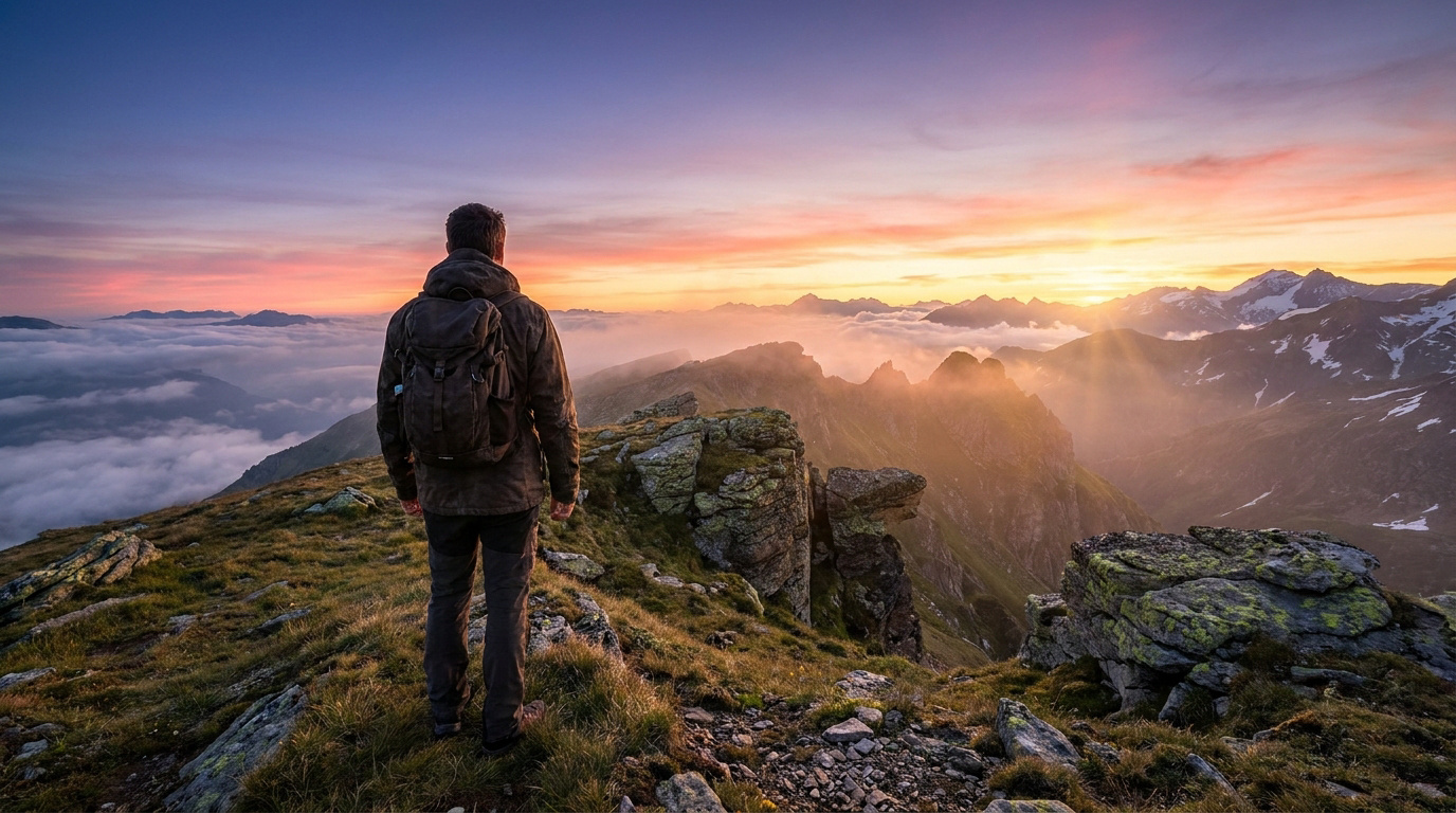 Un randonneur, dos à l'objectif, contemple un lever de soleil éclatant sur des montagnes et vallées couvertes de nuages.