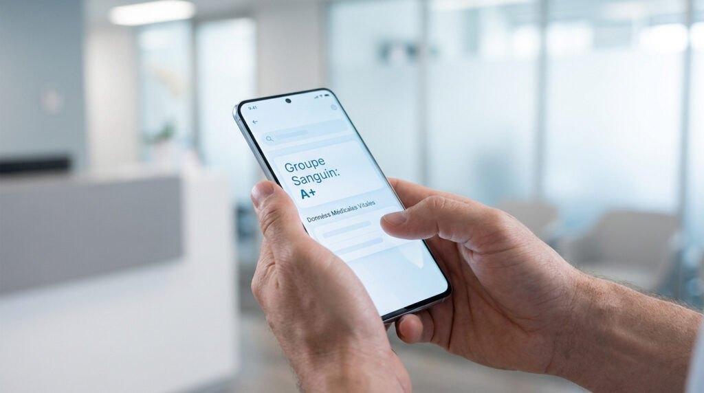 Mains tenant un smartphone affichant "Groupe Sanguin: A+" et "Données Médicales Vitales" sur une application de santé. Fond de bureau flou.