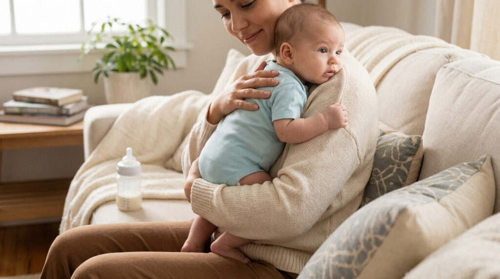 Mère et bébé sur un canapé après le biberon. La mère sourit, le bébé regarde pensif, un biberon de lait est posé près d'eux.