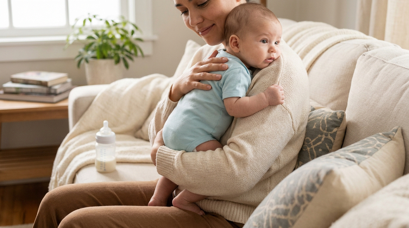 Mère et bébé sur un canapé après le biberon. La mère sourit, le bébé regarde pensif, un biberon de lait est posé près d'eux.