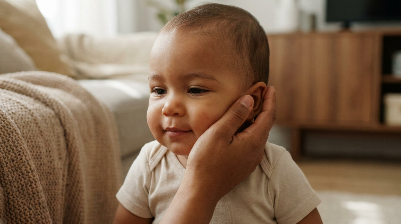 Bébé métis souriant, main d'adulte caressant sa joue. Illustre l'évolution de la couleur de peau chez les bébés métis.