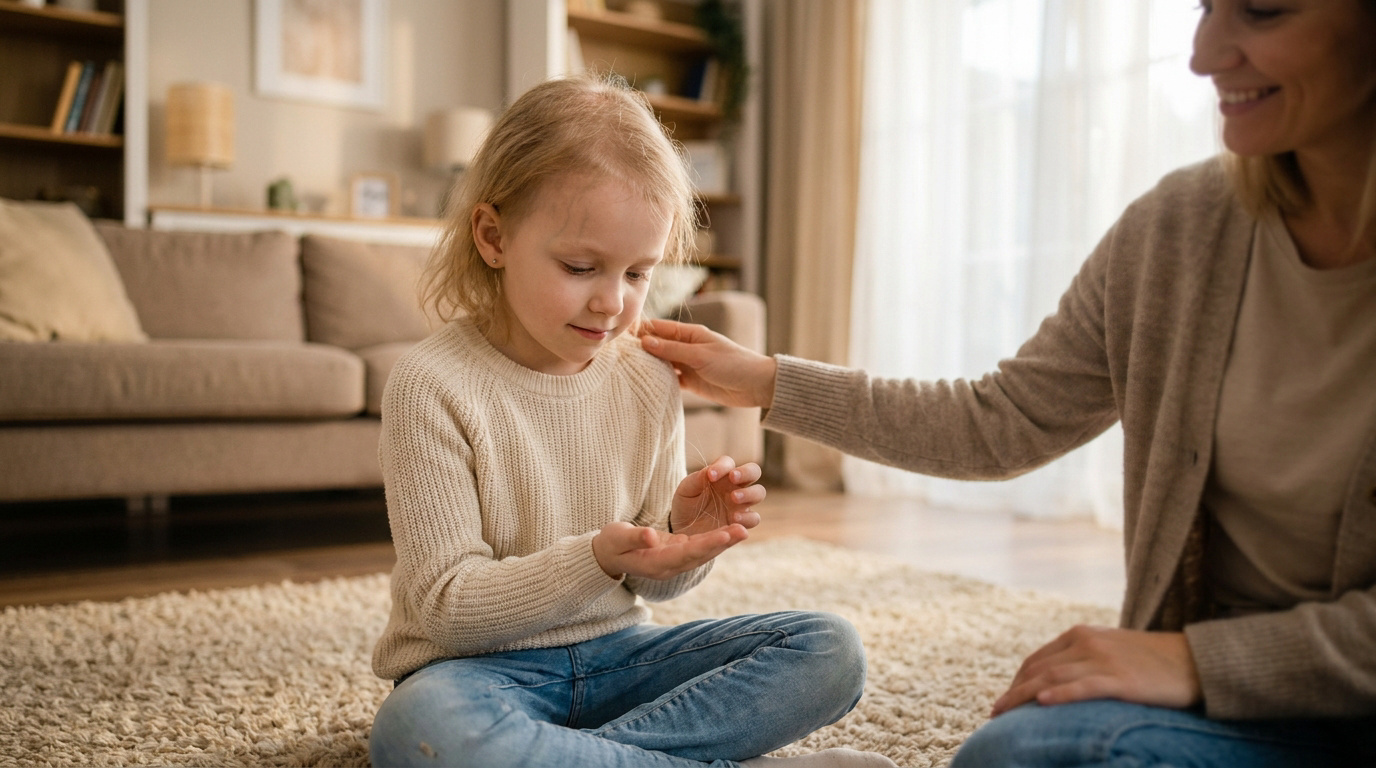 Petite fille blonde tenant une mèche de cheveux perdus, réconfortée par une adulte au salon, évoquant la chute capillaire.