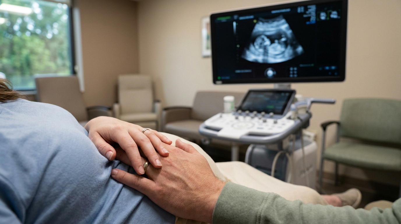 Un couple tient la main lors d'une échographie prénatale montrant un fœtus à l'écran, liée à la théorie du bourgeon.