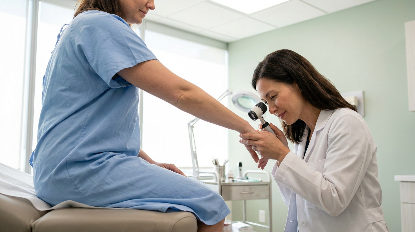Une dermatologue examine le poignet d'une patiente avec un dermatoscope pour un dépistage préventif de la peau.
