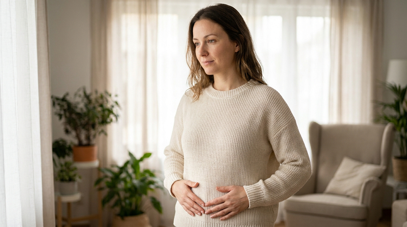 Femme pensive en pull crème touche son bas-ventre, évoquant une préoccupation concernant un ventre gonflé.