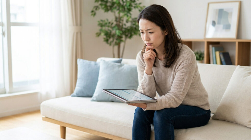 Une femme assise sur un canapé regarde pensivement une tablette, cherchant des informations sur un problème de santé.