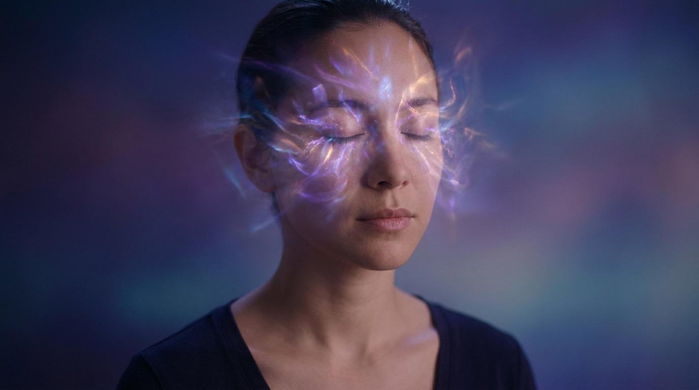 Visage serein d'une femme aux yeux clos, entouré de lumières vibrantes violettes, bleues et dorées. Représente une vision spirituelle.