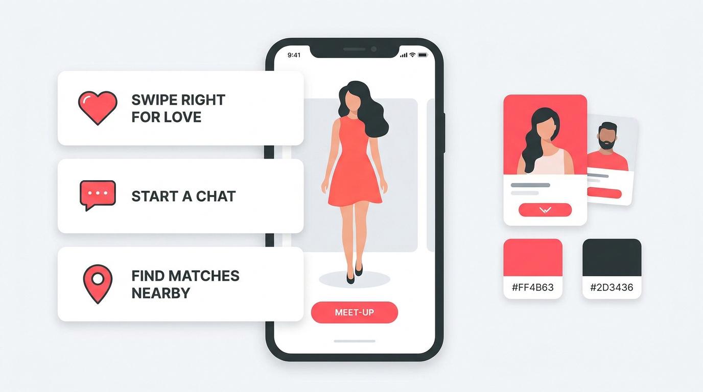 Interface colorée d'une application de rencontre mobile montrant des profils d'utilisateurs
