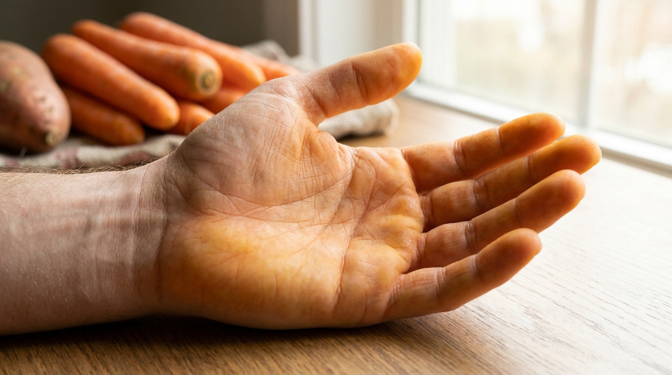Main avec la paume et les doigts teintés d'orange sur une table en bois, avec des carottes et une patate douce floues en arrière-plan.