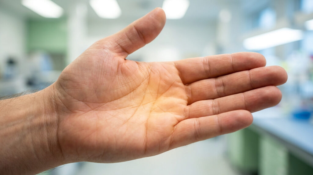 Gros plan sur la paume d'une main adulte avec ses lignes bien visibles, sur fond flou de laboratoire médical.