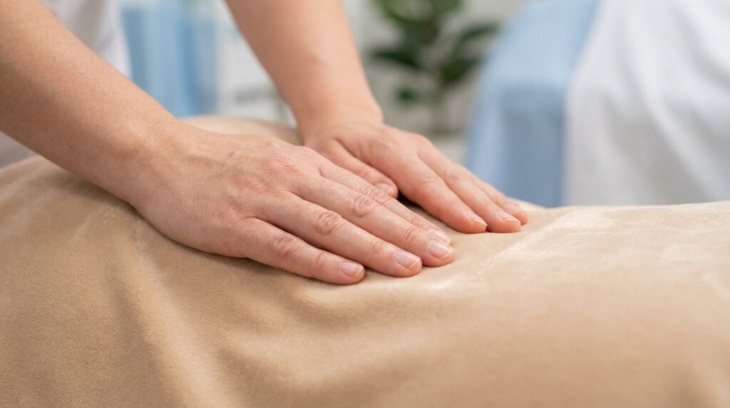 Deux mains d'adulte posées délicatement sur un tissu beige couvrant un corps, suggérant un examen ou un soin doux.