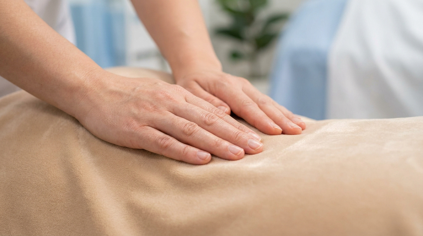 Deux mains d'adulte posées délicatement sur un tissu beige couvrant un corps, suggérant un examen ou un soin doux.