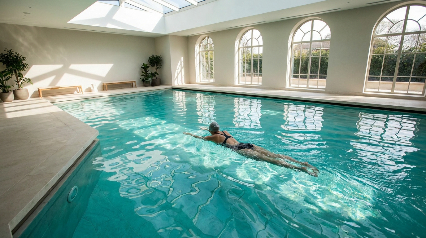 Une femme nage dans une piscine intérieure baignée de lumière naturelle, entourée de grandes fenêtres et de plantes vertes.