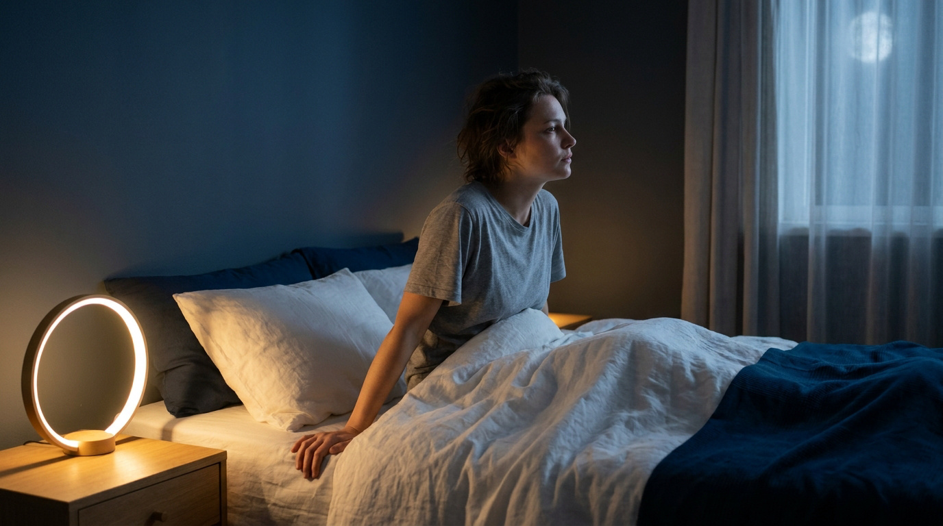 Femme réveillée assise dans son lit la nuit, regardant par la fenêtre. Lumière tamisée, pleine lune visible à travers les rideaux.