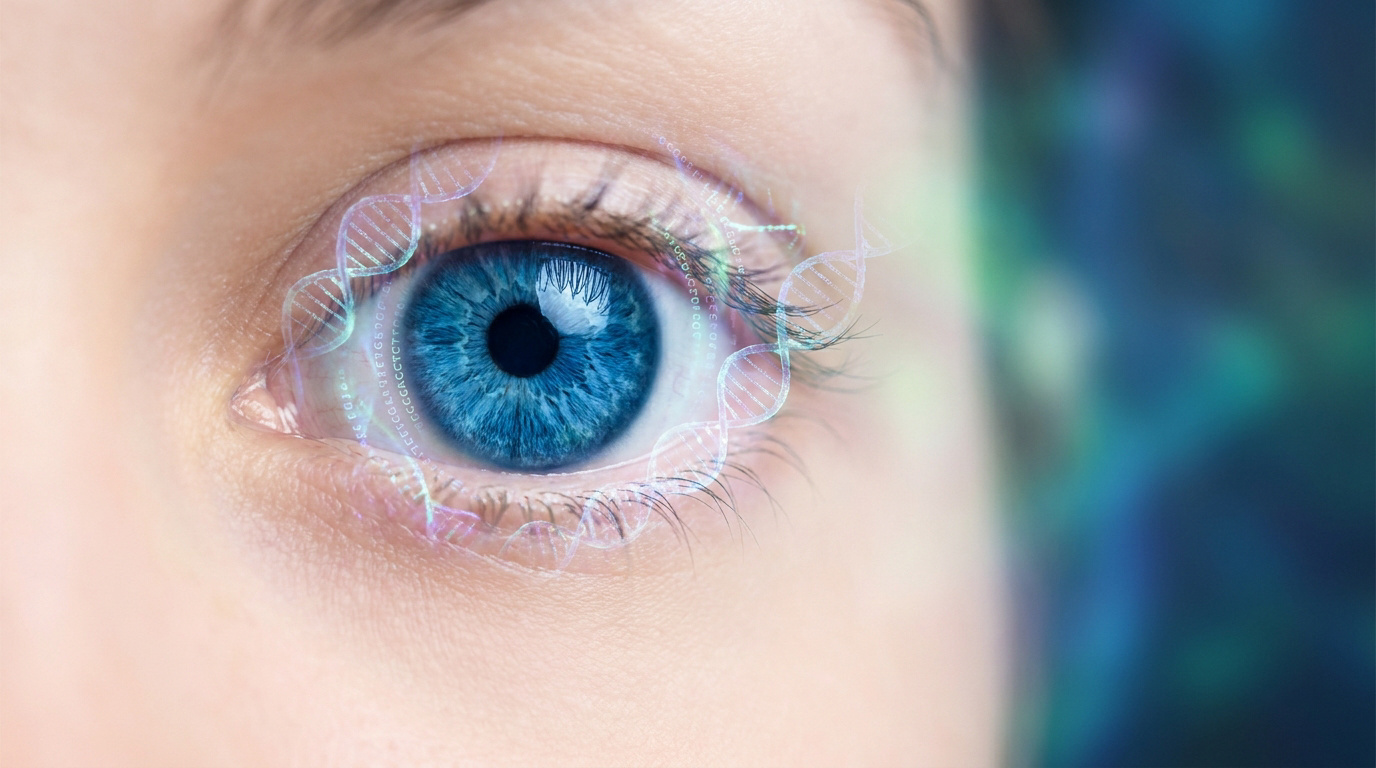 Gros plan d'un œil bleu avec des structures d'ADN lumineuses et des séquences génétiques numériques superposées autour de l'iris.