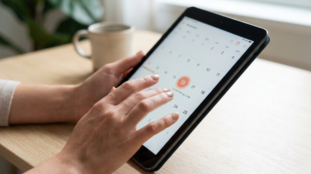 Mains d'une personne consultant un calendrier numérique sur une tablette, un rendez-vous annuel est mis en évidence.