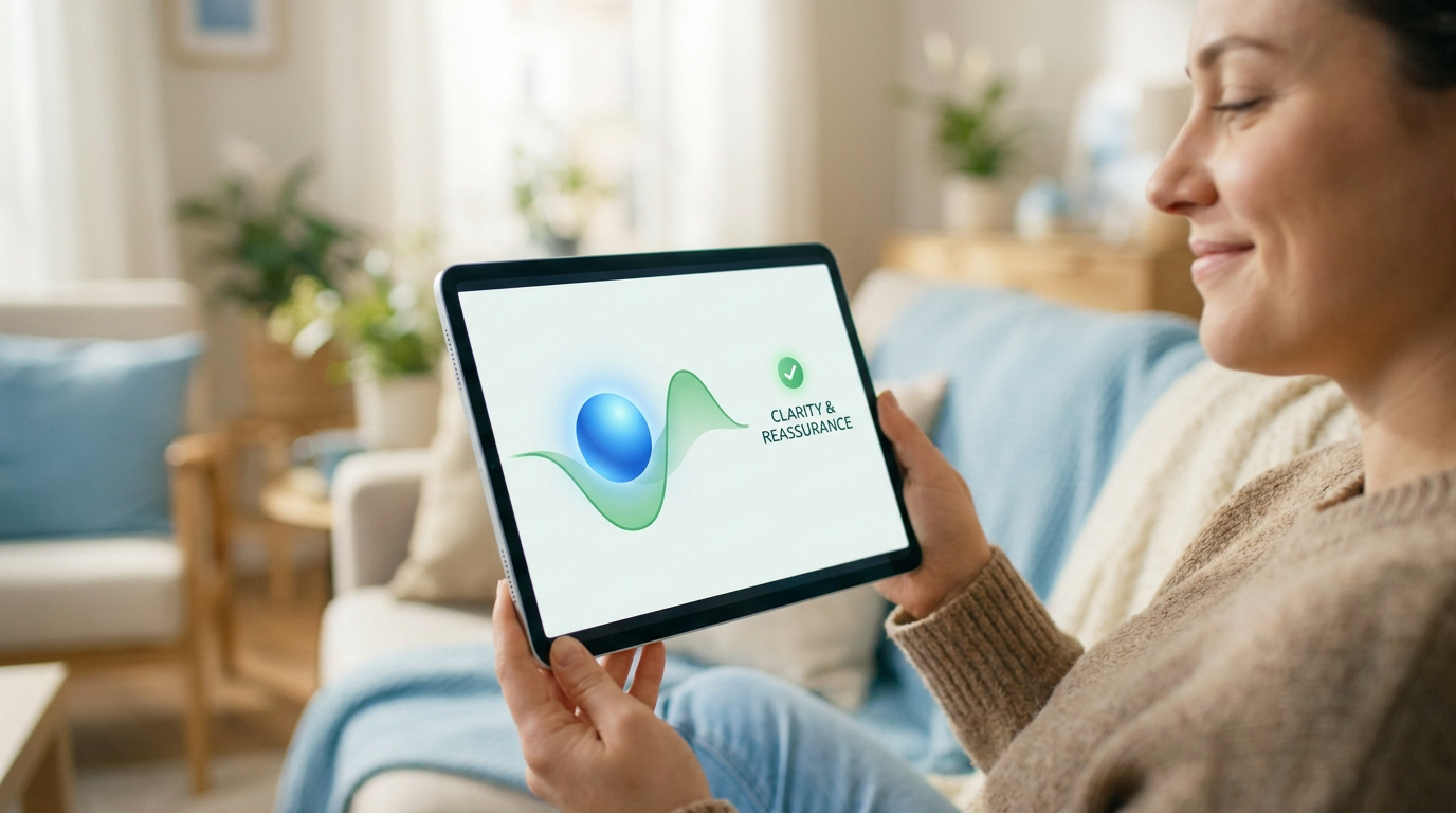 Femme souriante tenant une tablette affichant un graphique de réassurance avec le texte 'Clarity & Reassurance' dans un salon lumineux.
