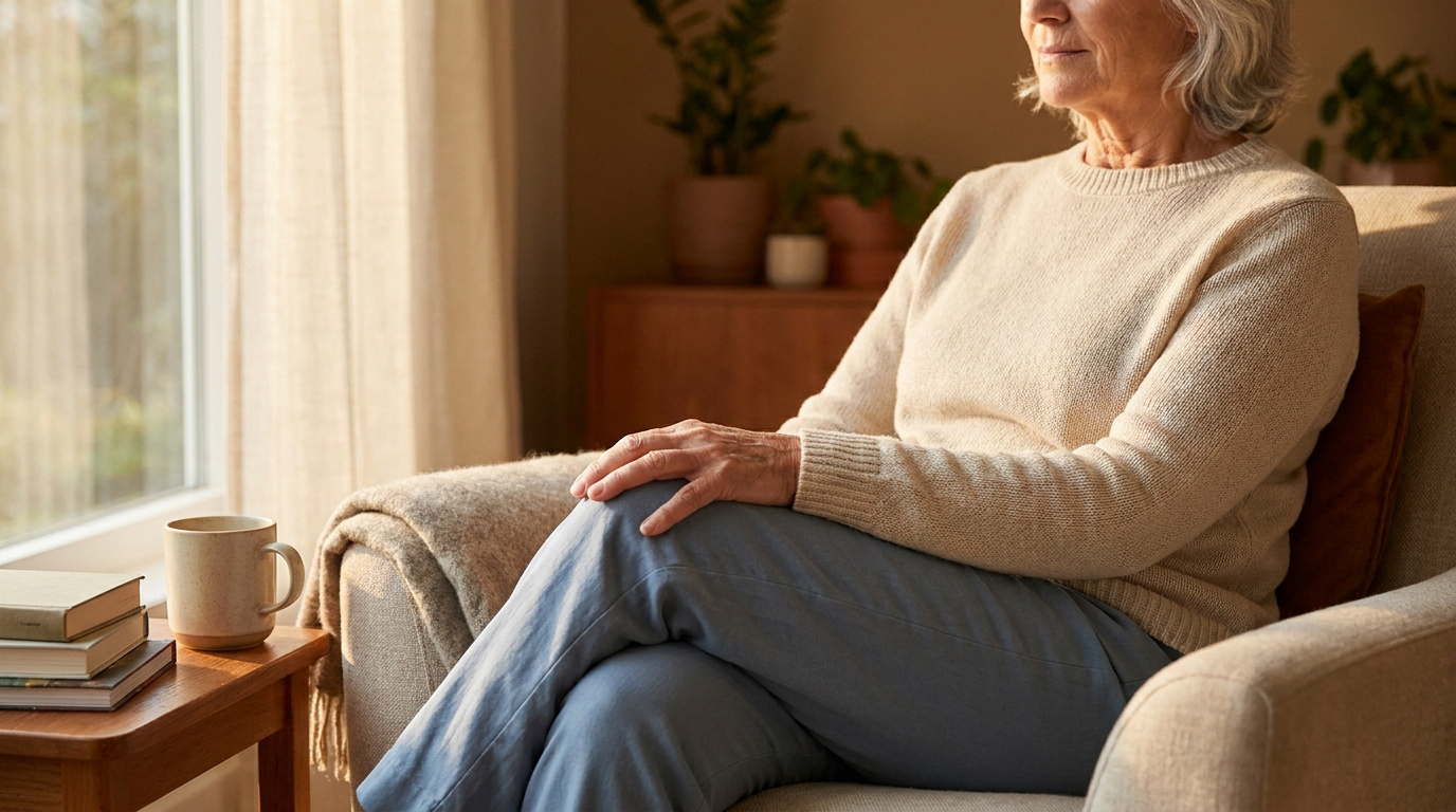 Femme âgée aux cheveux gris assise dans un fauteuil, mains sur les genoux, regardant par la fenêtre. Scène de calme domestique.