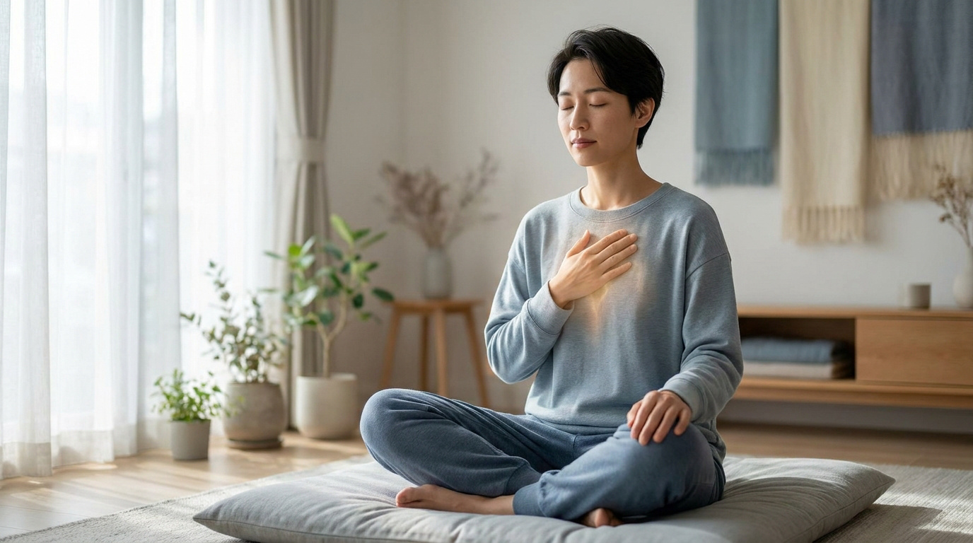 Personne en méditation, les yeux fermés et la main sur la poitrine, une lumière douce émanant du cœur. Ambiance sereine.