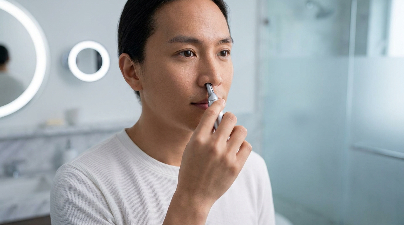 Un homme asiatique utilise une tondeuse électrique argentée pour les poils de nez, dans une salle de bain moderne et lumineuse.