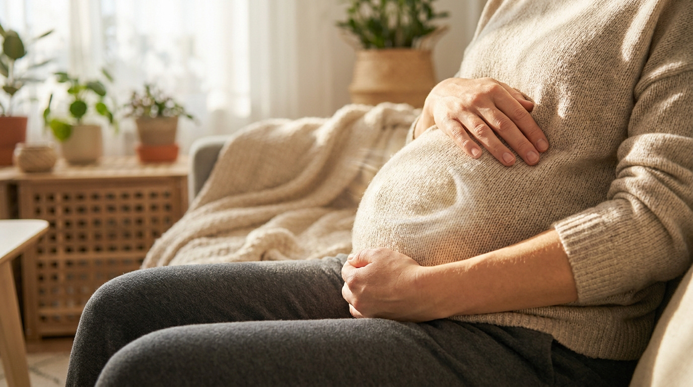 Femme enceinte assise, mains sur son ventre où un mouvement fœtal est visible. Lumière douce dans un intérieur chaleureux.