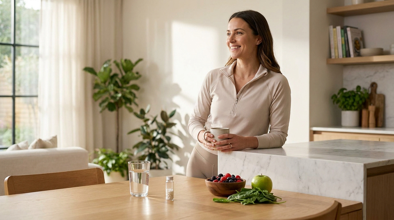 Femme souriante dans une cuisine lumineuse avec des fruits, des épinards, un verre d'eau et des granules homéopathiques.